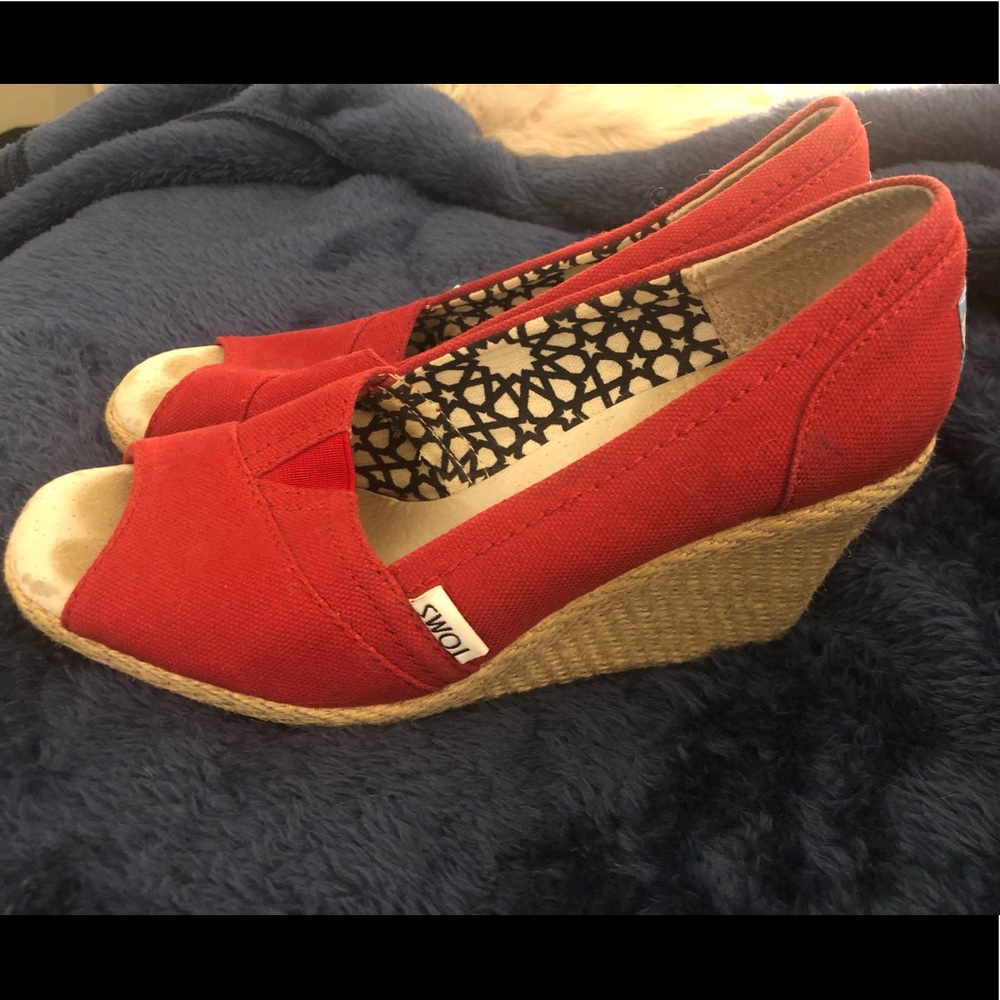 Toms Red Canvas Wedge Espadrilles